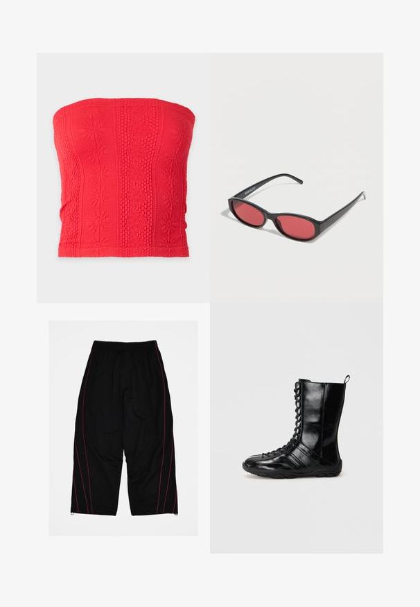 Top tube rouge tricoté sans bretelles avec des motifs floraux et en nid d'abeille texturés verticaux sur un fond uni.; Pantalon de sport noir avec une coupe ample, tissu en maille et bandes latérales roses contrastantes. Taille élastique avec cordon de serrage réglable.; Bottes en cuir noir avec une tige haute, devant lacé, semelle en caoutchouc et panneaux texturés. Offre une boucle pour un enfilage facile.; Lunettes de soleil ovales noires avec des branches fines et des verres teintés rouges posées sur une surface blanche.