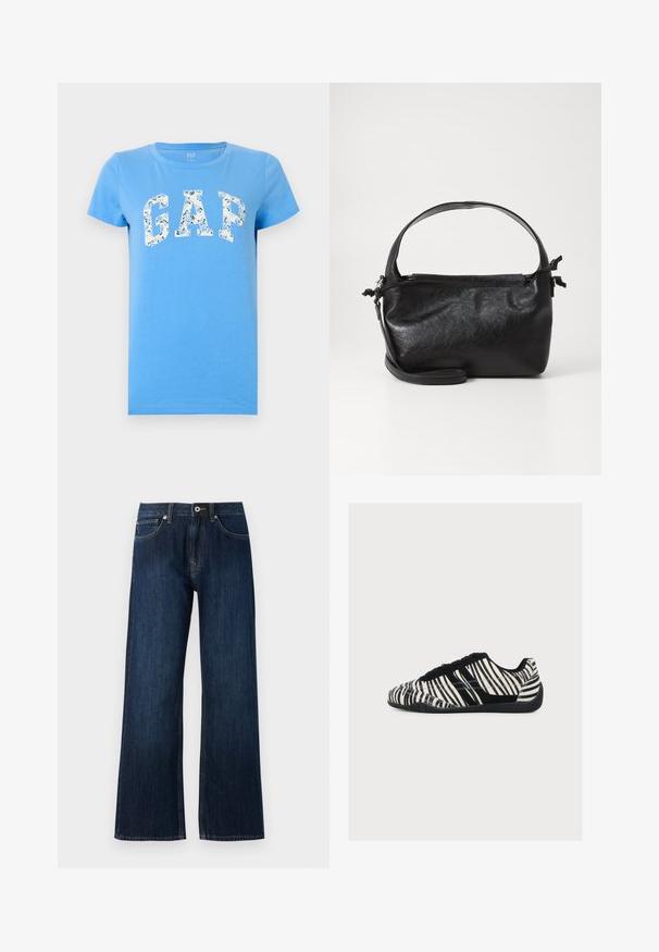 Blaues kurzärmeliges T-Shirt mit floralen "GAP"-Buchstaben in der Mitte der Brust und einem Rundhalsausschnitt.; Weite, dunkelblaue Jeans aus Denim mit einem Reißverschluss, Knopfverschluss und zwei Fronttaschen mit kontrastierendem Nähen.; Low-Profile Sneaker mit schwarz-weißen Zebrastripes, schwarzen Schnürsenkeln und texturierter schwarzer Sohle, von der Seite vor weißem Hintergrund gezeigt.; Schwarze Lederhandtasche mit strukturiertem Design, rundem Haltegriff und abnehmbarem Schulterriemen. Sie weist eine glatte Oberfläche und einen subtilen Glanz auf.