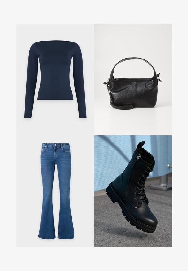 Navyblå, langærmet, figursyet damebluse med en bred bådhalsudskæring og en glat, elastisk stoffinish.; Blå denimjeans med udvidede ben, forsideknap og lynlås samt for- og baglommer på ensfarvet baggrund.; Sorte læder ankel støvler med snørebånd, sidelås, tekstureret overflade og en robust sål med fremtrædende slidbaner.; Sort læderhåndtaske med et struktureret design, rund tophåndtag og aftagelig skulderrem. Den har en glat tekstur og en subtil glans.