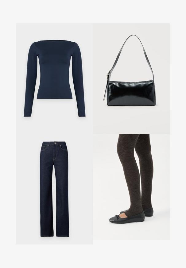 Marineblauw, langärmeliges, figurbetontes Damenoberteil mit weitem Bootsausschnitt und glattem, elastischem Stofffinish.; Donkerblauwe denim jeans met een rechte pijp, klassieke vijf-pocketstijl, zichtbare stiksels en een knoopsluiting aan de voorkant.; Benen met donkere geribbelde leggings gecombineerd met zwarte ballerina's met kleine strikdetails op een witte achtergrond.; Zwarte rechthoekige schoudertas met een enkele verstelbare band en een bovenste ritssluiting op een effen achtergrond.