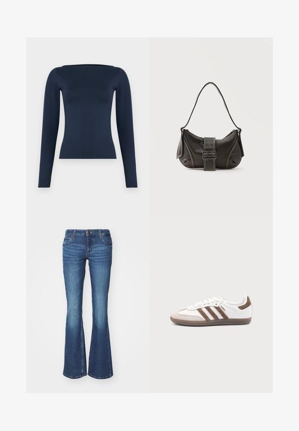 Navyblå, langærmet, figursyet damebluse med en bred bådhalsudskæring og en glat, elastisk stoffinish.; Udsvingede jeans i middelblå denim. Har en lynlås foran med en metalknap, to forlommer og falmning detaljer nær knæene.; Hvid Adidas Samba sneaker med brune ruskindstriber, brun gummisål og beige ruskindståhætte, vist fra ydersiden på en ensfarvet baggrund.; Sort læder skuldertaske med spænde på remmen, afrundede kanter og kontrasterende hvide syninger på en ensfarvet baggrund.
