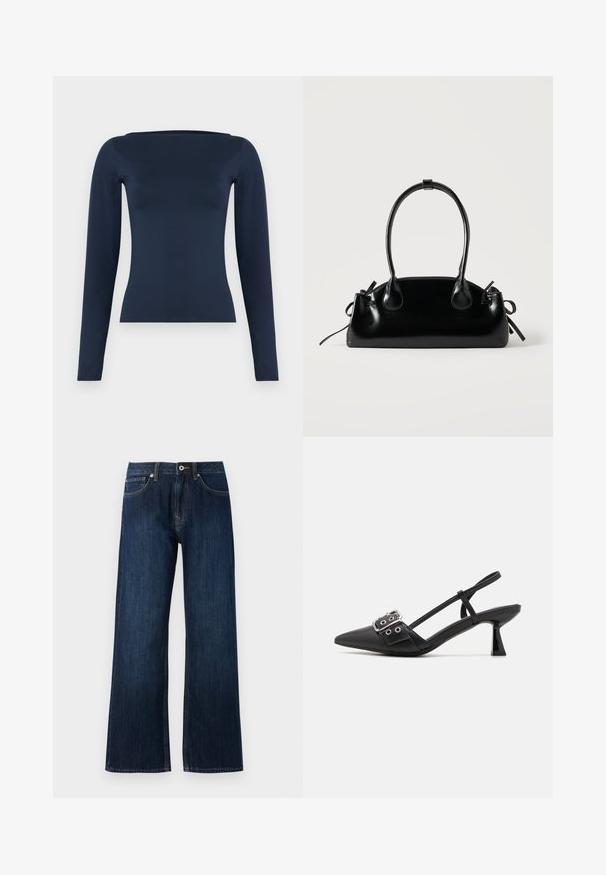 Haut féminin bleu marine à manches longues, cintré, avec un large col bateau et une finition en tissu lisse et extensible.; Jeans en denim bleu foncé à jambe large, avec une fermeture éclair, un bouton, et deux poches avant avec des coutures contrastantes.; Simmi London DALA - Escarpins - black; Petit sac à main noir brillant avec deux longues anses et des détails à cordon sur les côtés sur un fond clair uni.