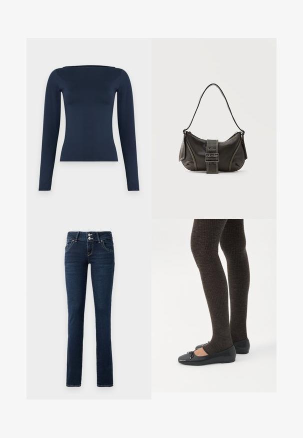Dunkelblaues, langärmeliges, figurbetontes Damenoberteil mit weitem Bootsausschnitt und glattem, elastischem Stofffinish.; Dunkelblaue Skinny-Jeans mit doppelt-knopfverschluss, Fronttaschen und gelben Nähten auf einem weißen Hintergrund.; Beine in dunklen, gerippten Leggings kombiniert mit schwarzen Ballerinas mit kleinen Schleifendetails auf weißem Hintergrund.; Schwarze Leder-Schultertasche mit Schnallengurt-Detail, abgerundeten Kanten und kontrastierenden weißen Nähten auf schlichtem Hintergrund.