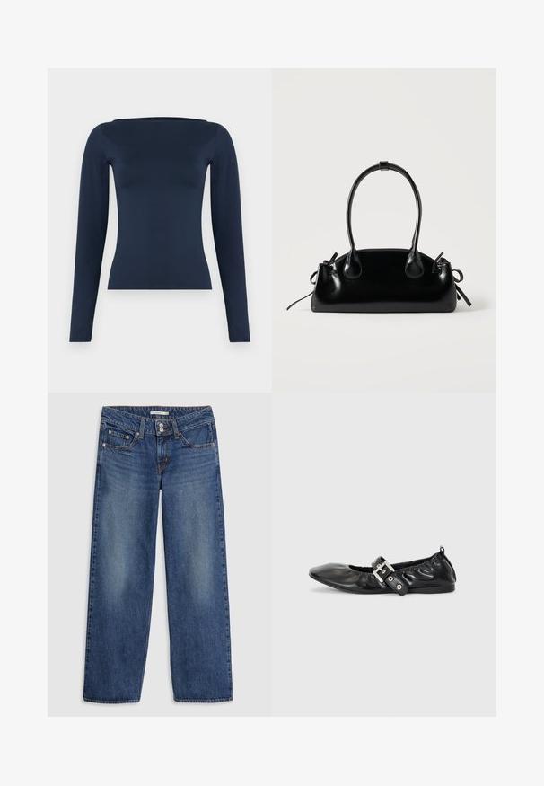 Navyblå, langærmet, figursyet damebluse med en bred bådhalsudskæring og en glat, elastisk stoffinish.; Blå denim bredbenede jeans med knaplukning, fem lomme-design, let falming på lårene og syningsdetaljer på sømmene.; Sorte læder flade sko med spids tå, samling detaljer omkring åbningen, og en sølv spænde accent på den justerbare rem.; Lille sort blank håndtaske med to lange håndtag og snøre-detaljer i siden på en ensfarvet lys baggrund.