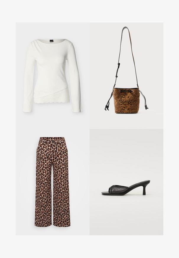 Top blanco de manga larga ajustado con dobladillo asimétrico con detalle de encaje y un escote ligeramente drapeado, hecho de tela acanalada.; Even&Odd Petite P-EO-AW21-A-003-SP / PETITE_TAILORED WIDE LEG TROUSERS - Pantalones - brown; RAID TIANA - Zapatos de novia - black; Bolso tipo bucket de estampado de leopardo hecho de ante, con ribete superior negro, correa ajustable y cierre de cordón con detalles dorados.