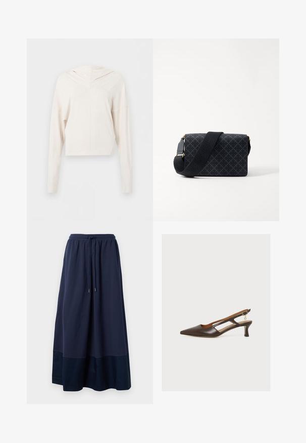 Cropped crèmekleurige hoodie met lange mouwen, een losse pasvorm en minimale naaddetails, weergegeven tegen een effen achtergrond.; Navyblauwe maxi rok van zachte stof, met een elastische tailleband en een trekkoord, en een donkerdere blauwe paneel aan de zoom.; Donkerbruine slingback met puntige neus, hak van gemiddelde hoogte, uitgesneden zijkanten en een klein gouden bedeltje dat aan de gesp van het enkelbandje hangt.; Zwarte crossbody tas met geometrisch patroon, gladde textuur, gouden hardware accenten en een geweven schouderriem. Compact rechthoekige vorm.