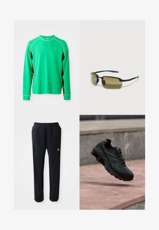 Langemmouwige groene sportshirt van textuurstof, met contrasterende bruine zijaccenten en witte stiksels langs de kraag en naden.; Zwarte sportbroek van een zachte, gestructureerde stof, met een elastische tailleband, zijzakken en een driehoekig logo accent op de dij.; Zwarte atletische sneaker met zichtbare luchtgeveerde tussenzool die boven een roze stenen oppervlak zweeft met een grijze stenen muur op de achtergrond.; Zwarte zonnebril met ovale groene lenzen, slanke matte montuur en rubberen uiteinden voor comfort. Minimalistisch design zonder zichtbare branding.