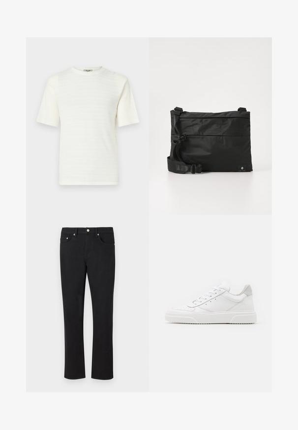 Witte T-shirt met korte mouwen, gemaakt van textuurstof met een subtiel horizontaal patroon. Ronde halsontwerp, losse pasvorm.; Zwarte denim jeans met een recht model, voorzien van vijf zakken en zilveren hardware met een gladde textuur. Geen patronen of accenten.; Witte leren sneakers met een gladde afwerking, ronde neus, platte veters en een gestructureerde zool. Grijze suède accent bij de hiel.; Zwarte nylon boodschappentas met verstelbare riem, plat ontwerp en een zijlabel met een logo. Soepele textuur en minimalistische stijl.