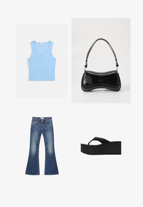 Débardeur bleu clair côtelé avec col rond et coupe sans manches, orné du texte « Juicy » en petits strass au centre devant.; Jeans en denim évasés de couleur bleu moyen avec des détails décolorés. Ils présentent un design classique à cinq poches et des coutures contrastées avec une fermeture à bouton.; Tongs noires à semelle plate épaisse et rembourrée avec une large bride sur les orteils, vues de côté sur fond blanc.; Sac à main en vernis noir avec une forme courbée, une poignée unique et un fond arrondi. Présente un détail de logo discret à l'avant.