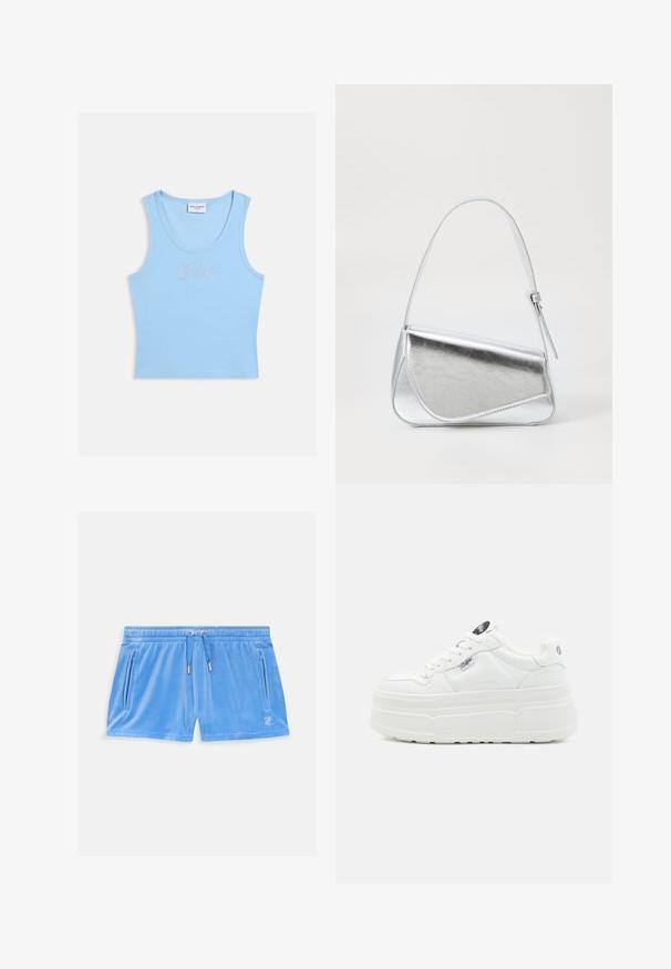 Hellblaues, geripptes Tanktop mit Rundhalsausschnitt und ärmellosem Schnitt, mit dem Schriftzug "Juicy" in kleinen Strasssteinen in der Mitte vorne.; Himmelblaue Velours-Shorts mit einem elastischen Bund, Kordelzug und zwei seitlichen Reißverschlusstaschen. Mit einem kleinen gestickten Logo auf dem Oberschenkel.; Weiße Plattform-Sneaker mit einer glatten synthetischen Oberfläche, rundem Zehenbereich, gepolstertem Kragen und strukturiertem Profil. Mit einem kontrastierenden Logo-Tag.; Silberfarbene metallische Handtasche mit dreieckiger Form, glatter Textur und einem dünnen, verstellbaren Schultergurt. Sie verfügt über ein umklappbares Design mit Nähten.