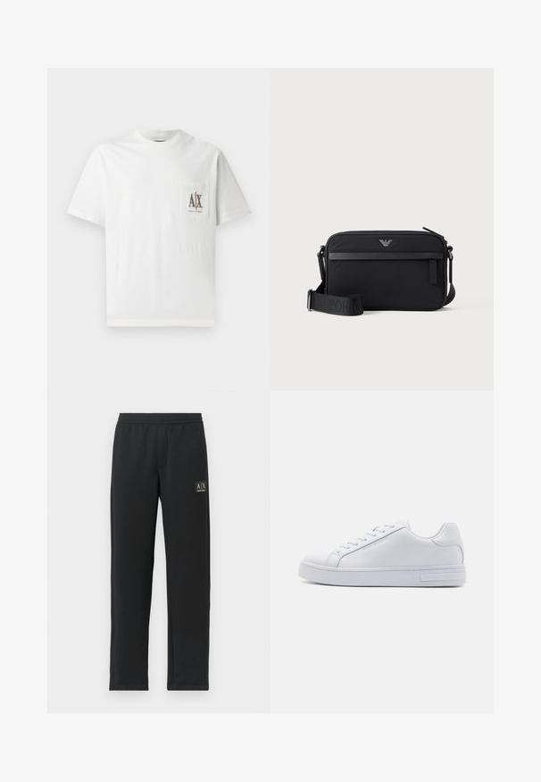 Weißes Baumwoll-T-Shirt mit kurzen Ärmeln, einem Rundhalskragen und einer linken Brusttasche mit einem gestickten "A|X"-Logo in Braun.; Schwarze Sweatpants mit geradem Bein, elastischem Bund und schwarzem Patch-Logo auf dem oberen linken Oberschenkel.; Weiße Ledersneaker mit glatter Textur, runder Zehenform, Schnürung vorne und flacher Gummisohle. Mit eingeprägtem Branding an der Ferse.; Schwarze rechteckige Umhängetasche mit vorderer Reißverschlusstasche, verstellbarem Schultergurt und kleinem Metalllogo oben in der Mitte.