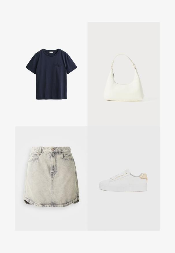 T-shirt en coton bleu marine à manches courtes avec un col rond et un petit logo GANT brodé sur la poitrine gauche.; Jupe en denim gris clair avec une texture délavée, dotée d'une taille à boutons, de poches avant et d'une ourlet légèrement courbé.; Baskets blanches avec une finition en daim texturé, semelle plate, œillets dorés et un accent doré au niveau du talon. Design simple et minimaliste.; Petit sac blanc à épaule avec une seule bandoulière ajustable et une fermeture éclair, sur un fond blanc uni.