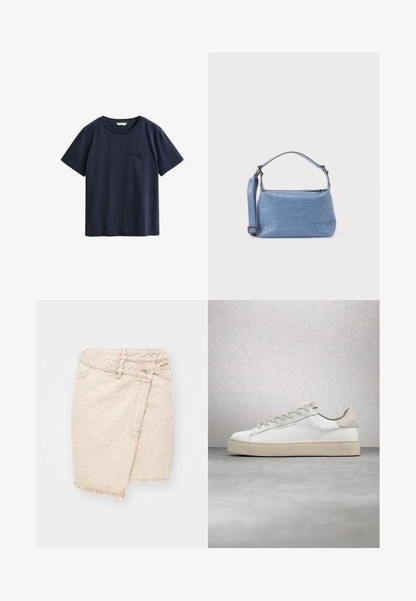 Marineblå kortærmet bomulds t-shirt med rund hals og lille broderet GANT-logo på venstre bryst.; Beige denim miniskirt med et omviklet design, der har en knaplukning, synlige sømme og en let slidt tekstur.; Hvide lædersneakers med en glat overflade, beige ruskindsdetaljer, rund tå, flad snørebåndsdesign og en struktureret gummisål.; Lyseblå taske med krokodillepræg, kort håndtag og aftagelig skulderrem. Glat tekstur med lynlås.