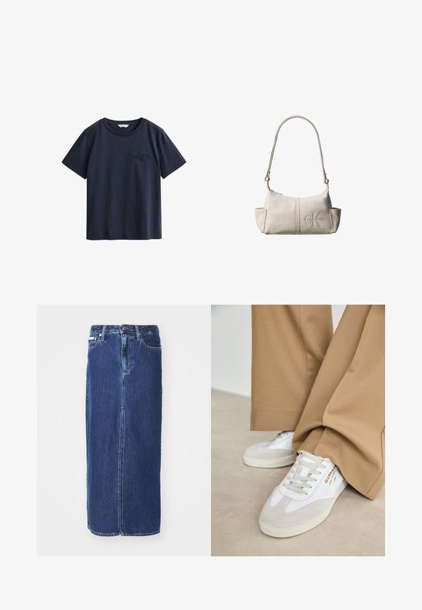 Marineblauw katoenen T-shirt met korte mouwen, ronde hals en klein geborduurd GANT-logo op de linkerborst.; Donkerblauwe denim rok tot op de knie, met een vooruitsnijding, traditionele tailleband en vijf zakken met contrasterende stiksels.; Witte sneakers met suède accenten, gestructureerde veters en een rubberen zool. Gecombineerd met losse beige broek. Logo zichtbaar aan de zijkant.; Kleine beige leren schoudertas met verstelbare riem en geperst Calvin Klein-logo aan de voorkant in het midden.