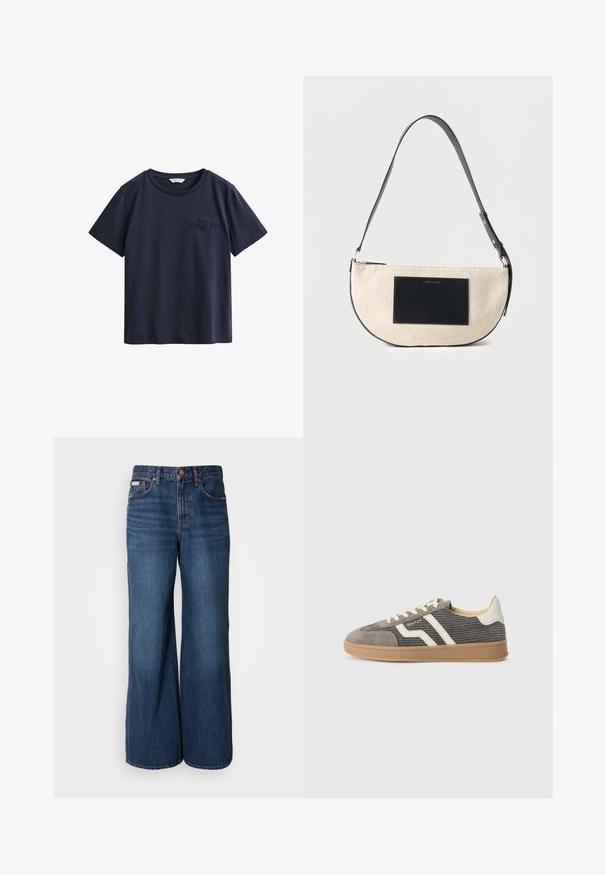 Marineblauw katoenen T-shirt met korte mouwen, ronde hals en klein geborduurd GANT-logo op de linkerborst.; Wijdvallende jeans van donkerblauwe denim. Kenmerken zijn een hoge taille, vijf zakken en contrasterende oranje stiksels langs de naden.; Grijze suède sneaker met een gestructureerd bovenwerk, voorzien van crèmekleurige strepen en veters, en een gumrubberen zool voor grip. Tijdloos atletisch ontwerp.; Beige halve maan schoudertas met verstelbare zwarte band en rechthoekige zwarte patch aan de voorkant.