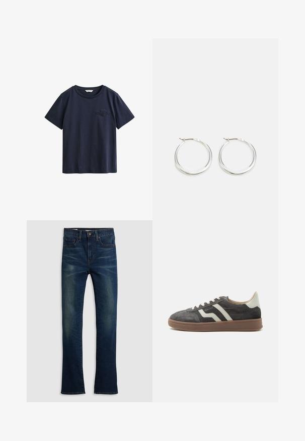 T-shirt en coton bleu marine à manches courtes avec un col rond et un petit logo GANT brodé sur la poitrine gauche.; Jean en denim bleu foncé avec une coupe droite, style cinq poches et un léger délavage à l'avant.; Baskets basses en velours côtelé gris avec bandes blanches sur les côtés, languette beige au talon, lacets blancs et semelle en caoutchouc marron.; Les boucles d'oreilles en argent en forme de créole présentent un design lisse et arrondi avec un profil fin et un fermoir sécurisé. Style minimaliste avec une finition polie.