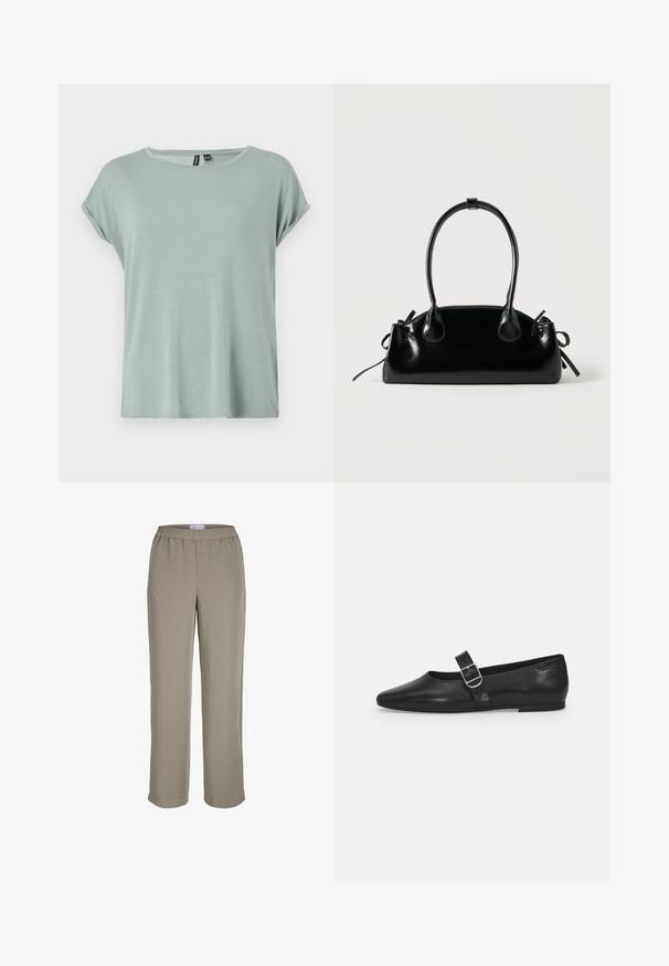 T-shirt vert clair au fit décontracté, à manches courtes retroussées et à encolure ronde. Texture douce et lisse avec un design légèrement ample.; Pantalon marron clair à jambes droites avec ceinture élastique, sans poches visibles ni ornements, présenté sur fond blanc.; Chaussure plate en cuir noir avec un bout arrondi, une seule sangle réglable à boucle et une texture lisse et brillante. Design minimaliste avec un petit talon.; Petit sac à main noir brillant avec deux longues anses et des détails à cordon sur les côtés sur un fond clair uni.