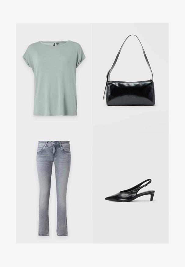 T-shirt vert clair au fit décontracté, à manches courtes retroussées et à encolure ronde. Texture douce et lisse avec un design légèrement ample.; Jean en denim bleu clair avec une coupe droite, présentant une finition légèrement délavée, cinq poches, et un classique système de bouton et fermeture éclair.; Escarpin à bride arrière en cuir noir avec un bout pointu, un petit talon et une sangle à boucle réglable. Texture lisse avec un minimalisme dans les détails.; Sac d'épaule rectangulaire noir avec une sangle réglable unique et une fermeture éclair supérieure sur un fond uni.
