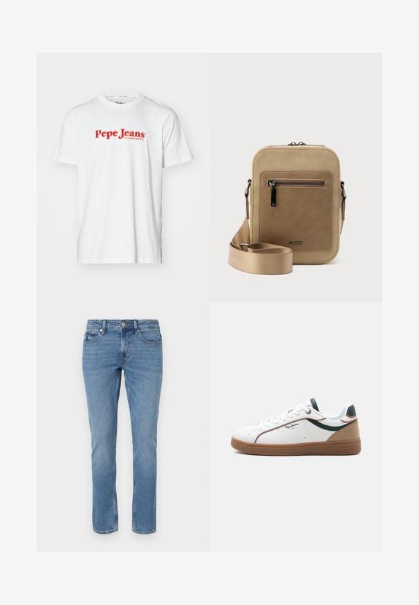 T-shirt en coton blanc avec le texte rouge "Pepe Jeans" en logo. Manches courtes et col rond, avec une coupe standard et sans motifs visibles.; Jean en denim bleu à jambes droites avec poches avant, passants de ceinture et fermeture à bouton.; Baskets basses blanches avec semelle marron, accents verts et beige, lacets blancs, et logo "Pepe Jeans London" sur le côté.; Petit sac bandoulière beige avec poche avant zippée, logo métallique ALDO, sangle large ajustable et forme rectangulaire arrondie sur fond blanc.