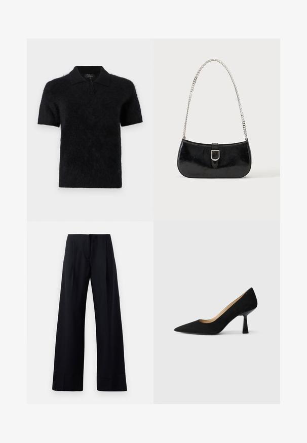 Zwart poloshirt met korte mouwen, gemaakt van een zachte, gestructureerde stof, voorzien van een kraag en een drieknoopsbies. Heeft een licht pluizige uitstraling.; Zwarte, gestreepte broek met een wijde pijpdesign, uitgerust met scherpe plooien en een nette afwerking. Gemaakt van een gladde, lichte stof.; Zwarte suède high-heeled pump met een spitse neus, voorzien van een glanzende zwarte blokhak en een gladde binnenvoering.; Zwarte lakleren schoudertas met een zilveren gespdetail en een zilveren kettingriem, getoond tegen een effen lichte achtergrond.