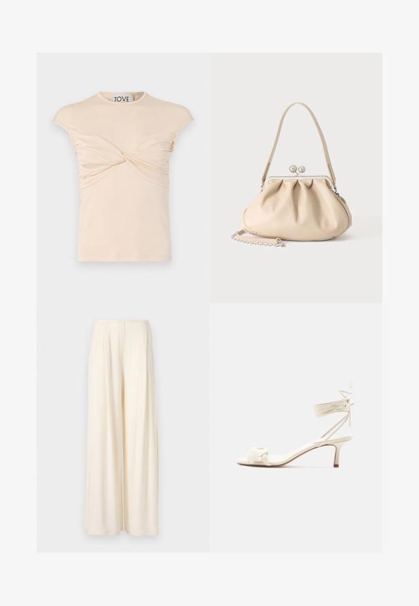 Cremfarbnes T-Shirt mit rundem Ausschnitt, kurzen Ärmeln und verdrehtem Frontdetail. Glatte Textur mit vertikaler Raffung an den Seiten.; Norma Kamali MENS PLEAT - Stoffhose - cream; Sandale in Cremefarben mit niedrigem Absatz, Knöchelriemen zum Binden und breitem, verdrehtem Riemen über den Zehen auf weißem Hintergrund.; Beige weiche Lederhandtasche mit silbernem Metallrahmenverschluss, einem Schulterriemen und einem optionalen Kettenriemen auf weißem Hintergrund.