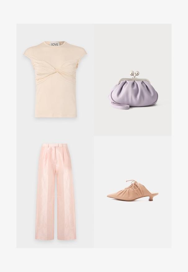 T-shirt couleur crème avec un décolleté rond, des manches courtes et un détail torsadé à l'avant. Texture lisse avec un fronce vertical sur les côtés.; Pantalons à taille haute ample de couleur rose clair, présentant une texture lisse et brillante, des plis à l'avant et une ceinture assortie.; Mule pour femme en cuir beige avec bout pointu, dessus froncé, lien de serrage et petit talon kitten, sur fond blanc.; Pochette lavande douce avec tissu froncé, fermoir kiss-lock argenté et bracelet assorti sur un fond clair uni.