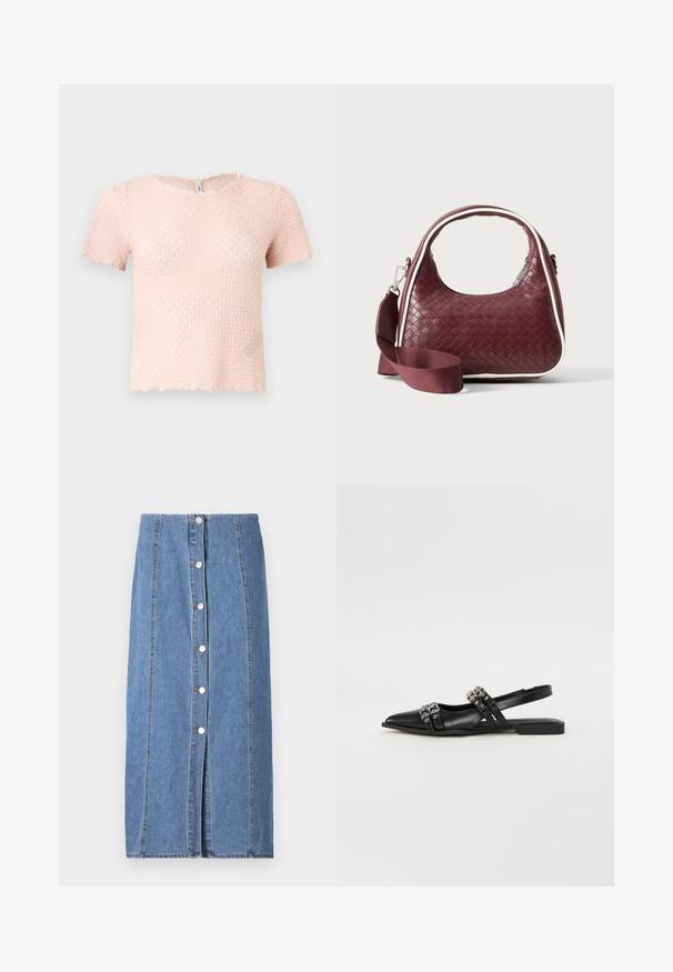 Blouse met korte mouwen, lichtroze textuur, ronde halslijn en een licht gekartelde zoom, weergegeven tegen een effen achtergrond.; Denimrok in lichtblauw met een rechte silhouet. Beschikt over een frontale knoopsluiting, verticale stiksels en een ruwe zoom aan de onderkant.; Even&Odd Slingback ballerina´s - black; Donkerrode geweven leren handtas met gebogen handvat, witte bies, zilveren rits en afneembare brede stoffen schouderriem tegen een effen achtergrond.