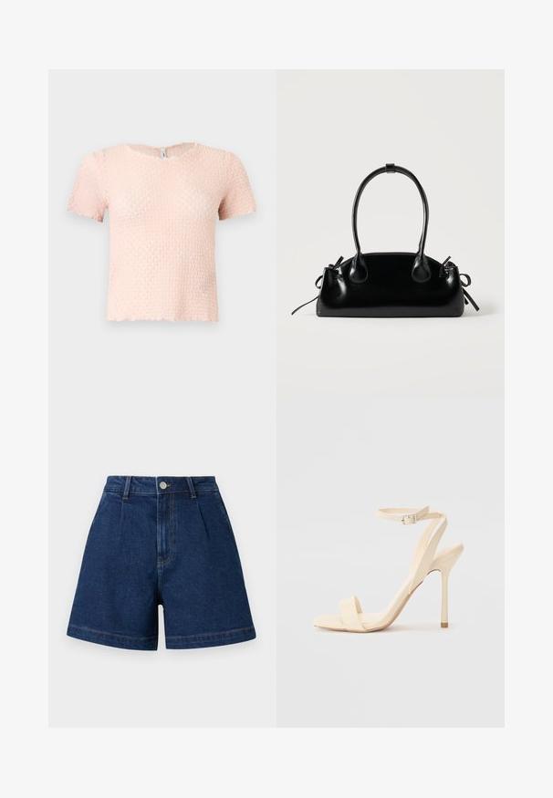 Blouse à manches courtes, rose clair texturée, avec un col rond et un ourlet légèrement festonné, présentée sur un fond uni.; Short en denim bleu foncé taille haute avec plis à l'avant, fermeture par bouton, passants pour ceinture et jambes larges.; Sandale à talon haut beige avec une sangle fine autour de la cheville et un bout carré. Matériau synthétique lisse, design minimaliste et talon aiguille.; Petit sac à main noir brillant avec deux longues anses et des détails à cordon sur les côtés sur un fond clair uni.
