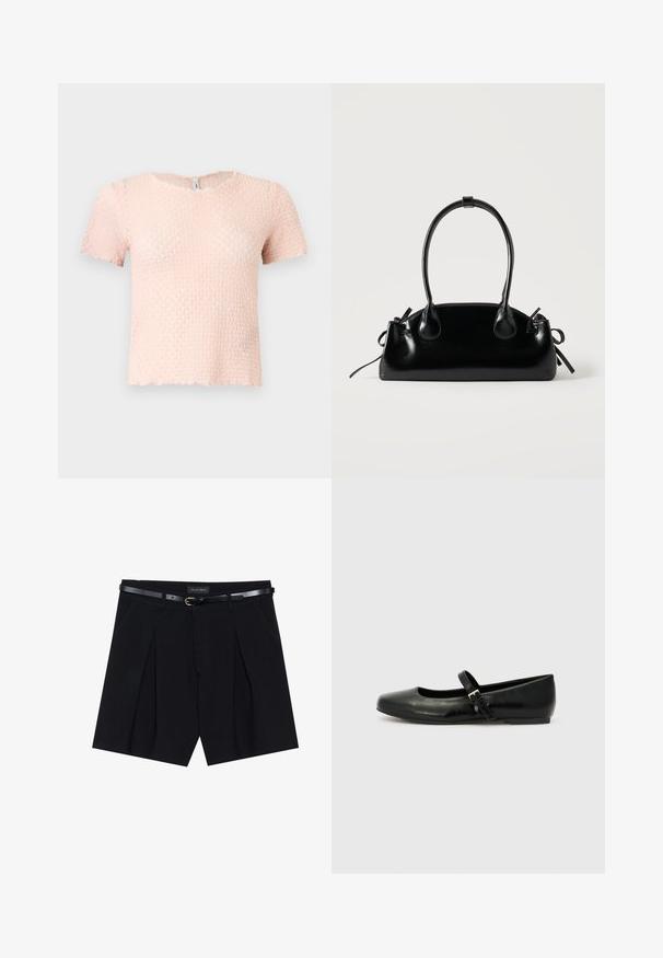 Blouse met korte mouwen, lichtroze textuur, ronde halslijn en een licht gekartelde zoom, weergegeven tegen een effen achtergrond.; Zwarte op maat gemaakte shorts met plooien, voorzien van een slanke zwarte riem met een gouden gesp. Gemaakt van een soepele stof, die een verfijnde uitstraling biedt.; Zwarte leren balletschoenen met een ronde neus, een platte zool en een dunne verstelbare band over de wreef met een metalen gesp.; Kleine zwarte glanzende handtas met twee lange hengsels en zijkant trekkoord details op een effen lichte achtergrond.