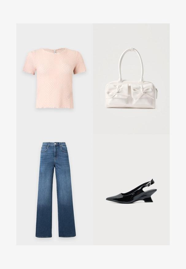 Blusa de manga corta, de color rosa claro con textura, con escote redondo y dobladillo ligeramente ondulado, mostrada sobre un fondo liso.; Vaqueros de pierna ancha en azul medio con un efecto de aclarado gradual hacia el dobladillo, presentando un cierre estándar de botón y cremallera.; Zapato slingback de cuero charol negro con puntera puntiaguda y tacón bajo en bloque inclinado sobre fondo claro liso.; Bolso sintético blanco con dos bolsillos delanteros, cada uno con un detalle de lazo atado. Textura suave, asas redondeadas y cierre de cremallera.