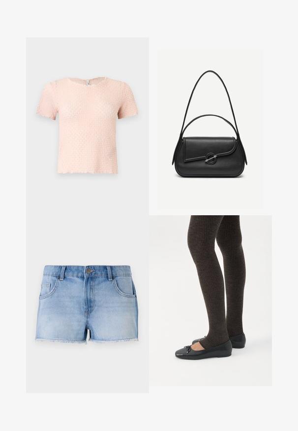 Blouse à manches courtes, rose clair texturée, avec un col rond et un ourlet légèrement festonné, présentée sur un fond uni.; Shorts en denim bleu clair avec un ourlet effiloché, cinq poches et une fermeture à bouton à l'avant. Présente un délavage passé et une coupe droite.; Jambes portant des leggings côtelés foncés associés à des ballerines noires avec de petits détails en nœud sur fond blanc.; Sac à main en cuir noir avec bords arrondis, rabat asymétrique, fermoir circulaire en métal, et des bandoulières courtes et longues.
