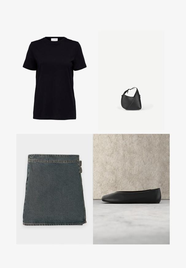 Sort kortærmet t-shirt med rund halsudskæring, lige kant og en hvid label på bagsiden indeni kraven.; DEnim indpakket nederdel i mørkeblå med en tekstureret overflade, der har to sidelukninger og en lige kant. Synede sømme er synlige langs kanterne.; Sorte læder balletflade med en rund tå, glat tekstur og en gulds logoaccent på siden. Placeret over en reflekterende overflade.; Sort skuldertaske i læder med en afrundet trekantet form og justerbar rem på en ensartet lys baggrund.