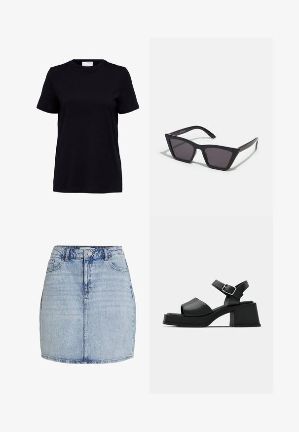 Schwarzes T-Shirt mit kurzen Ärmeln und Rundhalsausschnitt, geradem Saum und einem weißen Etikett auf der Rückseite innen im Kragen.; Hellblaue Jeans-Minirock mit vorderem Knopf- und Reißverschluss, Gürtelschlaufen und vorderen Taschen.; Schwarze Leder-Plateausandalen mit einem Peeptoe-Design, Knöchelriemen und einem klobigen, quadratischen Absatz. Sanfte Textur und minimalistischer Stil.; Schwarze, eckige Sonnenbrille mit grauen Gläsern; aus Kunststoff gefertigt, mit dicken Bügeln, die eine glatte Oberfläche und keine sichtbaren Beschläge haben.