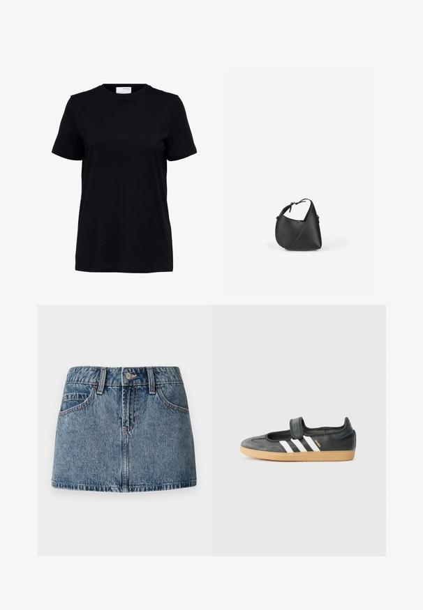 Must värvi lühikeste varrukatega ümar kaelusega T-särk, sirge äärega ja valge sildiga selja siseküljel krae lähedal.; Keskmise sinise pesu denim mini-seelik, mis on varustatud kitsaste puusade, ees laikudega taskutega ja diskreetsete õmbluste detailidega. Sile, tekstureeritud kangas.; Mustmust ja sametist sneaker, millel on Velcro rihm, kolm valget triipu ja kummi tallad, küljel on silt "SAMBA".; Mustast nahast õlakott ümarate kolmnurksete vormidega ja reguleeritava rihmaga, ühel tasasel heledal taustal.