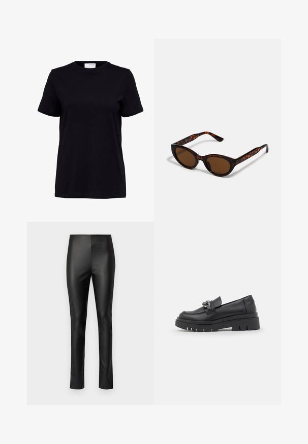 Sort kortærmet t-shirt med rund halsudskæring, lige kant og en hvid label på bagsiden indeni kraven.; Sorte leggings i faux læder med et slankt, tætsiddende design, der har en elastisk talje og ingen synlige metaldele eller pynt.; Sort loafersko med en kraftig platformsål, glat læderoverdel, dekorativ kædeaccent og let hæl med notched detalje.; Brune skildpadde solbriller med en vintage katteøje-form og brune linser. Har buede arme med røde detaljer.