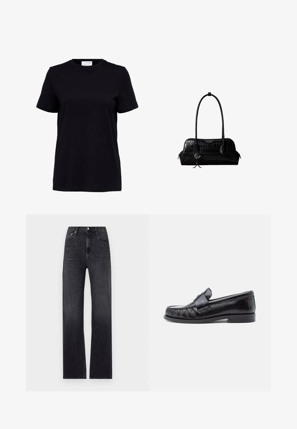 Sort kortærmet t-shirt med rund halsudskæring, lige kant og en hvid label på bagsiden indeni kraven.; Sorte lige jeans lavet af denim, med høj talje, fem lommer og en lynlås i front med knaplukning. Let slidte vaske.; Sorte læderloafers med rundet tå, karakteristisk syning og en dekorativ rem over vampen. Glat finish og lav hæl.; Sort skuldertaske i krokodillelæder med lange stropper og lille sølvlogo-charm på den ene strop.