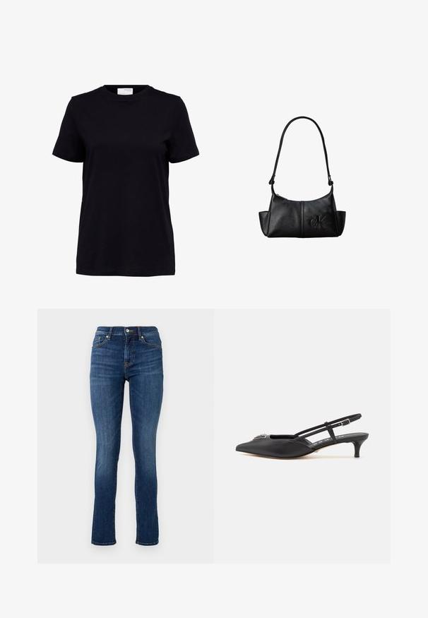 Zwart T-shirt met korte mouwen en een ronde hals, rechte zoom en een wit label aan de achterkant binnenin de kraag.; Donkerblauwe skinny jeans van denim, met een standaard tailleband, zijzakken en subtiele stikseldetails.; Zwarte slingback schoenen met een puntige neus, gemaakt van glad materiaal, met een kleine hak en een decoratieve zilverkleurige accent op de wreef.; Zwarte leren schoudertas met lange band, zijvakjes en een reliëflogo van Calvin Klein aan de voorkant.