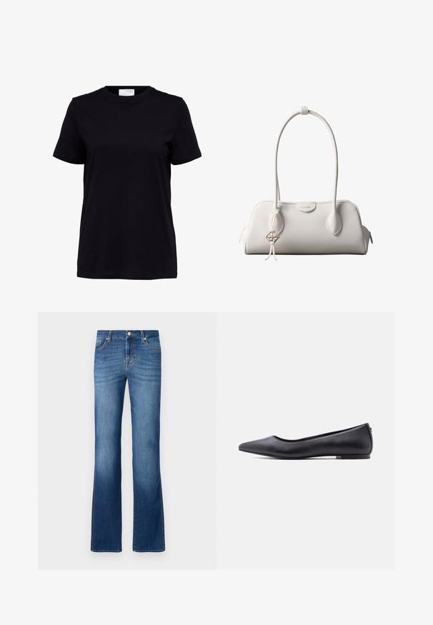 Sort kortærmet t-shirt med rund halsudskæring, lige kant og en hvid label på bagsiden indeni kraven.; Blå denim flared jeans med et klassisk fem-lomme design, der har en falmet vask, guldtråde og en knaplukning i taljen.; Sort flad lædersko med spidst tåparti og lav hæl, vist i sideprofil mod en hvid baggrund.; Hvid Calvin Klein skuldertaske med lange håndtag, rektangulær form, lynlåslukning og dekorativt logohæng tæt på håndtaget.