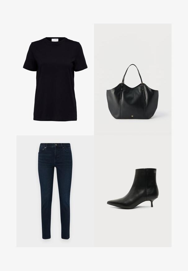 T-shirt noir à manches courtes avec col rond, ourlet droit et une étiquette blanche à l’arrière à l’intérieur du col.; Jean en denim à lavage foncé avec coupe slim, présentant un design à cinq poches, un bouton de fermeture et des détails de surpiqûres subtils. Texture lisse sur l'ensemble.; Bottine en cuir noir avec bout pointu et petit talon kitten sur fond clair, vue côté extérieur.; Sac fourre-tout en cuir noir avec deux bretelles d'épaule et un petit logo doré au centre en bas, présenté sur un fond uni.