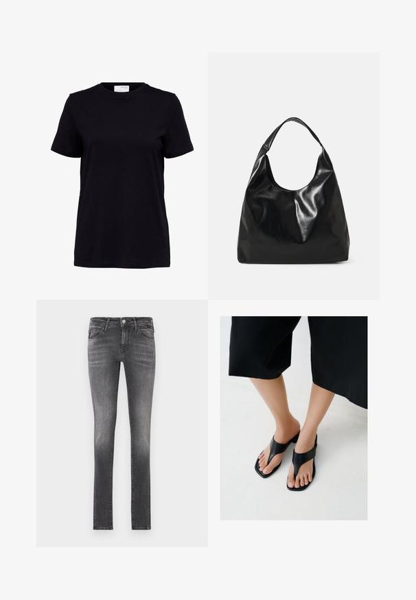 Sort kortærmet t-shirt med rund halsudskæring, lige kant og en hvid label på bagsiden indeni kraven.; Mørkegrå slim-fit jeans med en slidt finish, lavet af denim, der har fem lommer og en klassisk lynlås med metalknaplukning.; Fødder iført sorte, firkantede hælsandaler med brede remme, kombineret med afkortede sorte bukser på et lyst gulv.; Sort læder hobo taske med en blød, skinnende tekstur og en rund, åben top. Har en bred, buet strop til bæring. Ingen synlig hardware.