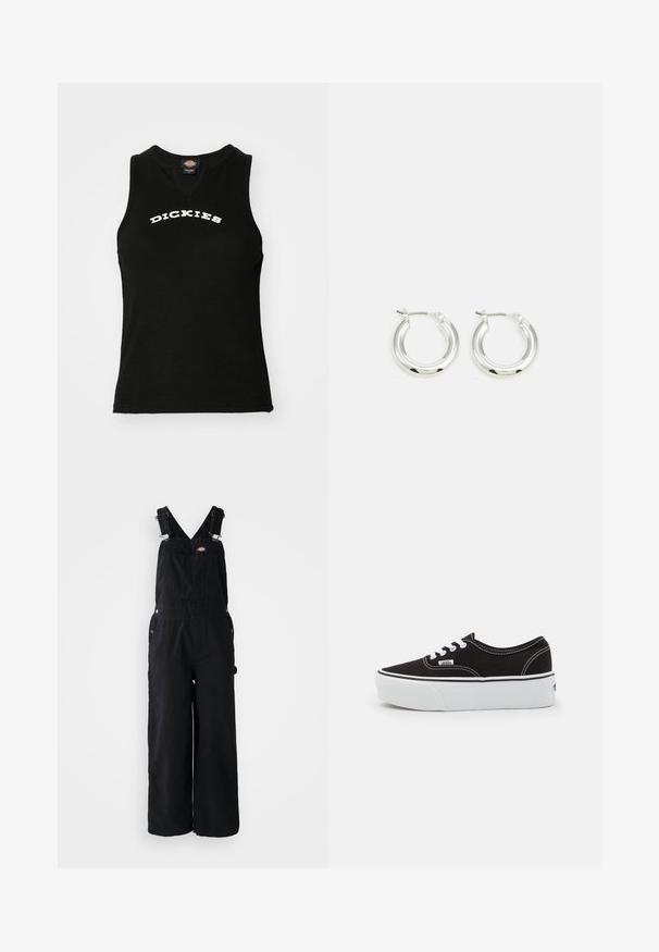 Débardeur noir sans manches avec une texture côtelée, arborant un logo blanc en courbe "DICKIES" sur la poitrine et un design en V.; Salopette en denim noir avec des jambes larges, bretelles ajustables, poche avant et accents en métal argenté. Texture lisse, design minimal.; Baskets en toile noires avec une semelle en caoutchouc blanc, dotées de lacets et de coutures blanches, marquage emblématique sur le côté, design basse.; Boucles d'oreilles en argent avec une finition polie, présentant une forme circulaire et une fermeture à charnière. Texture lisse avec un minimum de détails.