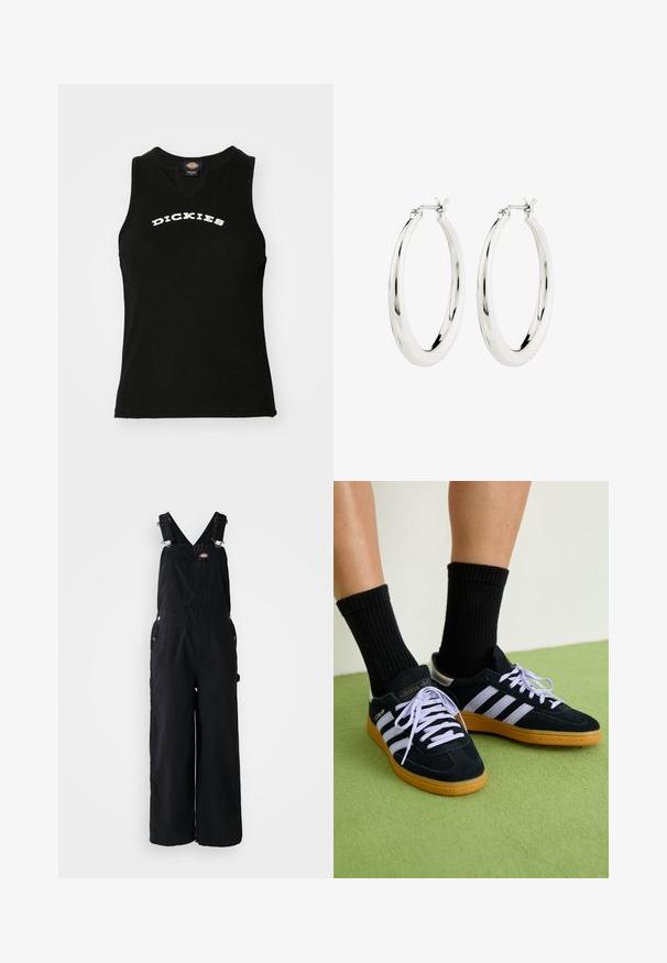 Schwarzes ärmelloses Tanktop mit gerippter Textur, mit einem weißen, geschwungenen "DICKIES"-Logo auf der Brust und einem V-Ausschnitt.; Schwarze Denim-Latzhosen mit weitem Bein, verstellbaren Schulterriemen, Fronttasche und silbernen Hardware-Akzenten. Glatte Textur, minimalistisches Design.; Schwarze Wildledersneaker mit drei weißen Streifen, lila Schnürsenkeln und Gummisohle. Getragen mit schwarzen, gerippten Kniestrümpfen auf einer grünen Oberfläche.; Silberne Creolen mit einer glatten, glänzenden Oberfläche. Kreisform, ausgestattet mit einem sicheren Verschluss. Einfaches und elegantes Design.