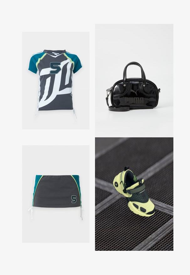 Grijs sportshirt met korte mouwen met een grote witte abstracte print, teal mouwen met limoengroene accenten en een opvallend nummer 5 op de borst.; Donkergrijze zwemrok met turquoise zijpanelen, limoengroene bies, witte trekkoorden aan de zijkanten en een wit omlijnd nummer 5 aan de voorkant.; Neongele en zwarte Jordan sneaker met een mesh textuur, gestikte middensectie en strap, geplaatst op metalen roostervloer.; Zwarte lakleren handtas met dubbele handvatten aan de bovenkant, afneembare schouderriem, ronde vorm en opvallend gegraveerd "PUMA" logo.