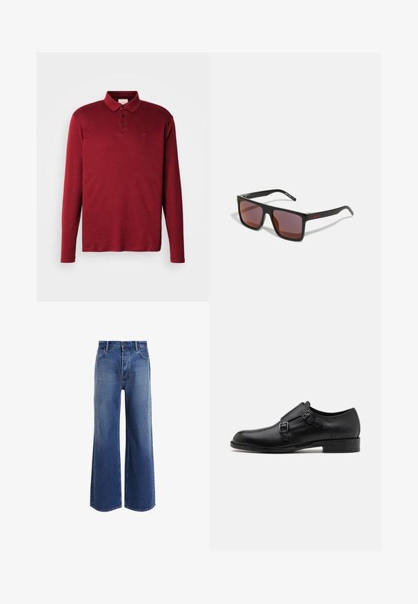 Langærmet polo skjorte i mørkerød, lavet af glat bomuldsstof, med krave, tre knaplukninger og et lille logo på brystet.; Højtsiddende wide-leg jeans i mellemblå denim, med et klassisk fem-lomme design, let falmning og frynsede kantdetaljer.; Sort læderherresko med dobbelte spænder, slank silhuet og rund tå. Har en lav hæl og glat tekstur.; Sorte rektangulære solbriller med mørkerøde linser, med en mat finish og rød logo på stangen. Solid plastikramme.