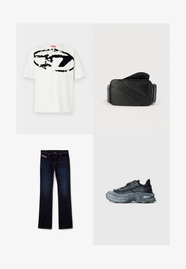 Weißes Baumwoll-T-Shirt mit einem großen schwarzen Grafiklogo auf der Vorderseite. Das Design umfasst abstrakte Formen und Texturen. Kurze Ärmel.; Dunkelblaue Jeans aus Denim mit geradem Bein, ausgestattet mit orangefarbenen Nähten, einem Reißverschluss und Vordertaschen. Glatte Textur und Standardbund.; Schwarz- und graue Diesel-Sneaker mit dicker Sohle, Schnürverschluss und strukturiertem Design auf einem schlichten hellgrauen Hintergrund.; Schwarzer Gürtel mit strukturiertem Design und einem markanten, eingeprägten Logo. Das Material wirkt glatt mit einem lederähnlichen Finish.