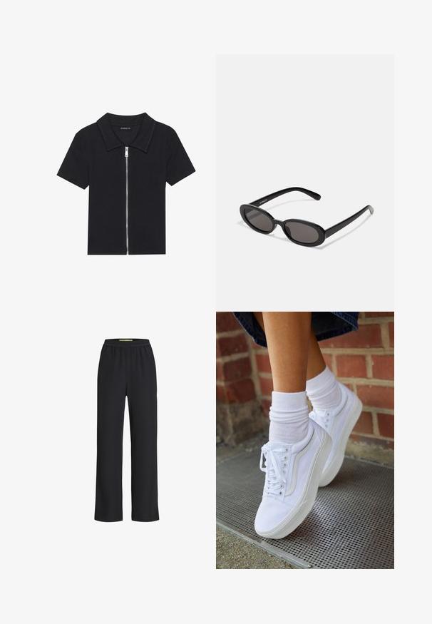 Sort kortærmet polo skjorte med ribbet tekstur, med en lynlåslukning front og en spidse krave. Enkel design med minimale accenter.; Sorte bredde-ben bukser med elastisk talje, lavet af et blødt stof, der har en glat overflade og en løs pasform hele vejen ned ad benene.; Hvide lærreds sneakers med gummisåler, der har seks snørehuller, rund tå og let sømdetaljer, krydret med hvide ankelstrømper.; Even&Odd Solbriller - black