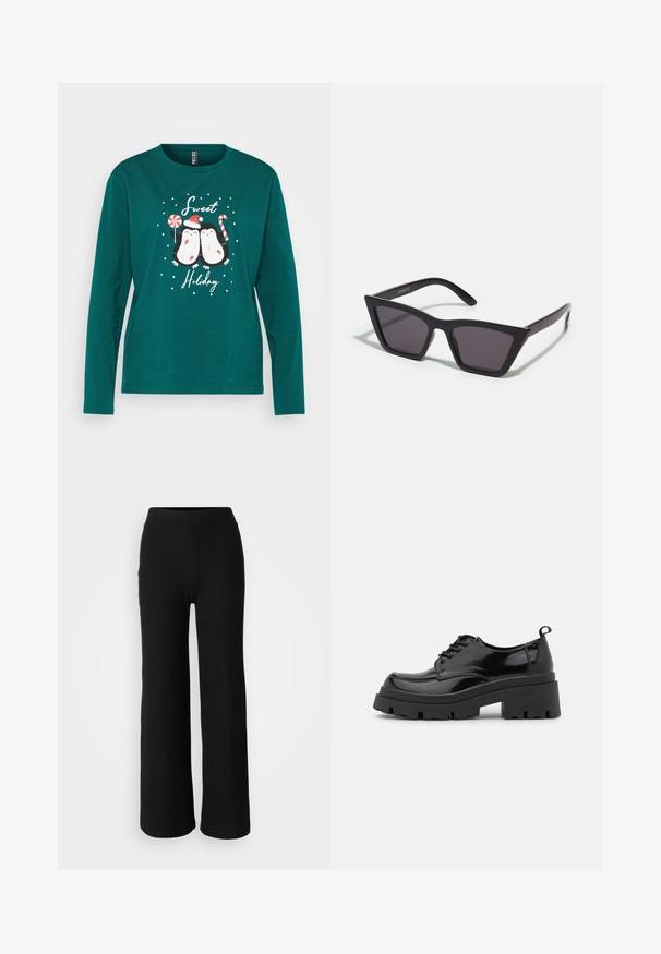 Camiseta de manga larga en color verde azulado con dos pingüinos de dibujos animados adornados para las fiestas, rodeados de copos de nieve blancos y el texto "Dulces Festividades."; Pantalones de punto negro acanalados con un diseño de pierna ancha y cinturilla elástica, que presentan una textura suave y un estilo minimalista.; Zapatos de charol negros con una suela de plataforma gruesa y cordones gruesos. Punta redondeada, detalles mínimos y una pequeña lengüeta en la parte trasera.; Gafas de sol negras y angulares con lentes grises; fabricadas en plástico, con varillas gruesas de superficie suave y sin herrajes visibles.