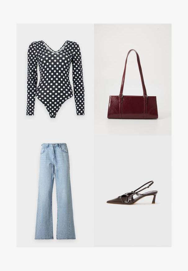Zwarte body met lange mouwen, witte stippen en een V-hals, afgebeeld op een effen witte achtergrond.; Lichtblauwe denim spijkerbroek met een hoge taille en wijde pijpen, voorzien van voorzakken, riemlussen, een ritssluiting en een bijpassende denim riem.; Bruine gepatineerde leren slingback hak met een spitze neus, verstelbare straps en decoratieve gespen aan de voorkant. 3-inch hakhoogte.; Bourgondische handtas van glanzend materiaal, rechthoekige vorm, met twee schouderbanden en subtiele gebogen accenten aan de voorkant.