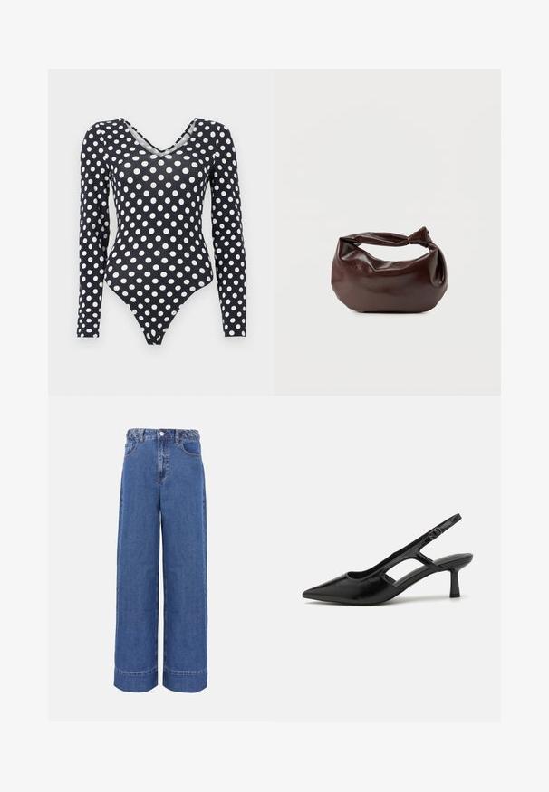Sort langærmet bodystocking med hvide prikker og V-udskæring, vist på en ensfarvet hvid baggrund.; Blå denim jeans med vide ben, flettet linning, knap foran og lommer, vist på ensfarvet baggrund.; Sorte slingback hæle med spidse tæer, lavet af blankt materiale, med udskæringsdetaljer og en moderat hæl for støtte.; Mørkebrun læder skuldertaske med en blød, afslappet form og et snoet knudehåndtag på en ensartet hvid baggrund.