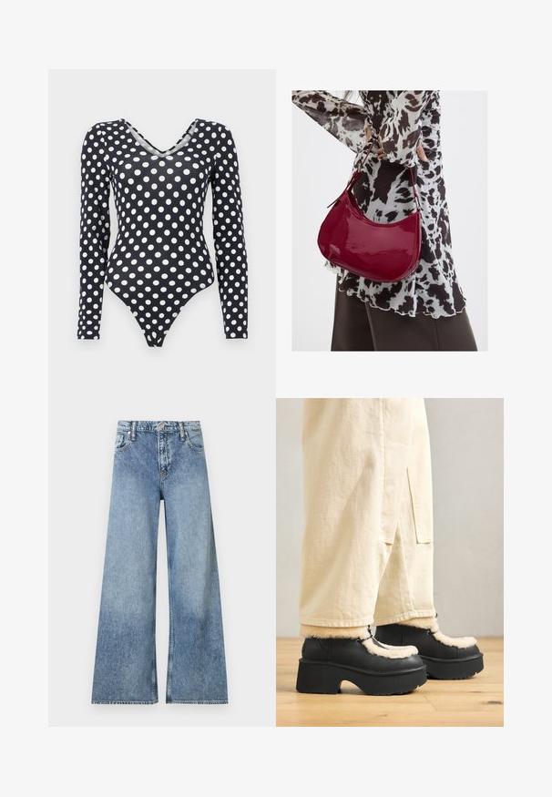 Sort langærmet bodystocking med hvide prikker og V-udskæring, vist på en ensfarvet hvid baggrund.; Lyseblå, vidtbens denimjeans med forlommer, bæltestropper, knappelukning og falmet detaljer.; Sorte platformstøvler med en rund tå, der har en fluffy cremefarvet krave og snøre detaljer, parret med løse beige bukser på et trægulv.; Kvinde iført en sort- og hvidmønstret bluse, der holder en blank rød skuldertaske mod en ensfarvet baggrund.